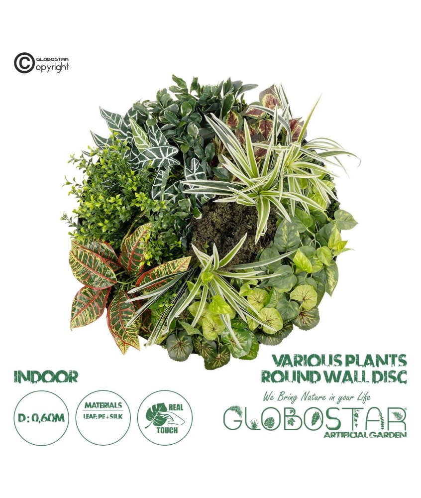 GloboStar® Artificial Garden VARIOUS PLANTS ROUND WALL DISC 20691 Τεχνητό Διακοσμητικό Στρογγυλό Πάνελ Φυλλωσιάς - Κάθετος Κήπος Μιξ Μ60 x Π60 x Υ20cm